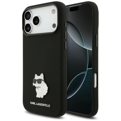 Husă pentru iPhone 17 Pro Max / iPhone 18 Pro Max, Karl Lagerfeld Silicone Choupette Metal Pin, Neagră