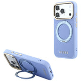 Husă pentru iPhone 17 Pro Max / iPhone 18 Pro Max, Guess Grained Leather Ring Stand 360 Classic Logo MagSafe, Albastru deschis