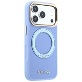Husă pentru iPhone 17 Pro Max / iPhone 18 Pro Max, Guess Grained Leather Ring Stand 360 Classic Logo MagSafe, Albastru deschis