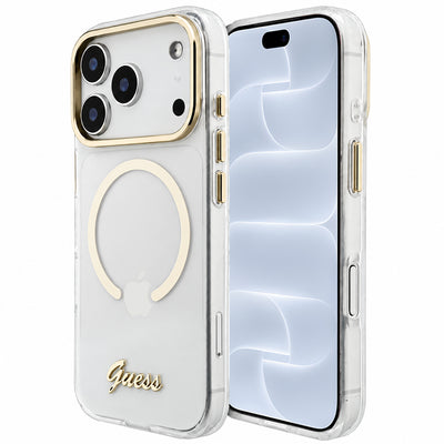 Husă pentru iPhone 17 Pro / iPhone 18 Pro, Guess IML Script Metal MagSafe, Transparentă