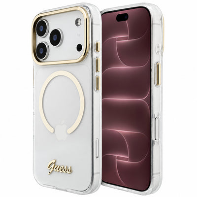 Husă pentru iPhone 17 Pro Max / iPhone 18 Pro Max, Guess IML Script Metal MagSafe, Transparentă