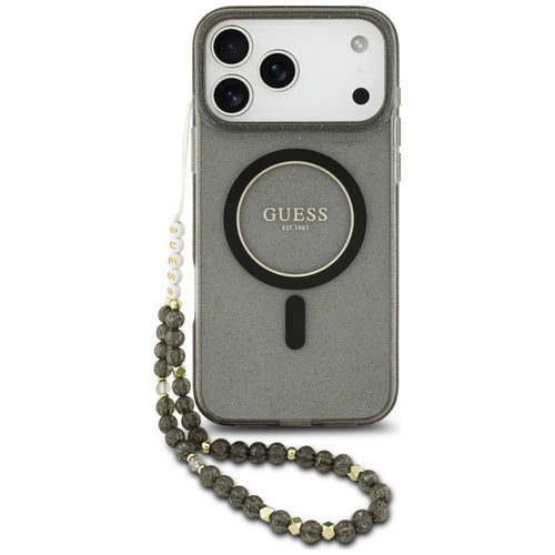 Husă pentru iPhone 17 Pro Max / iPhone 18 Pro Max, Guess IML Glitter with Pearl Strap MagSafe, Neagră