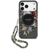 Husă pentru iPhone 17 Pro Max / iPhone 18 Pro Max, Guess IML Flowers with Pearl Strap MagSafe, Neagră