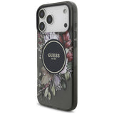 Husă pentru iPhone 17 Pro Max / iPhone 18 Pro Max, Guess IML Flowers with Pearl Strap MagSafe, Neagră