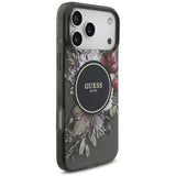 Husă pentru iPhone 17 Pro Max / iPhone 18 Pro Max, Guess IML Flowers with Pearl Strap MagSafe, Neagră