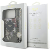 Husă pentru iPhone 17 Pro Max / iPhone 18 Pro Max, Guess IML Flowers with Pearl Strap MagSafe, Neagră