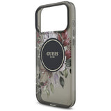 Husă pentru iPhone 17 Pro Max / iPhone 18 Pro Max, Guess IML Flowers with Pearl Strap MagSafe, Neagră