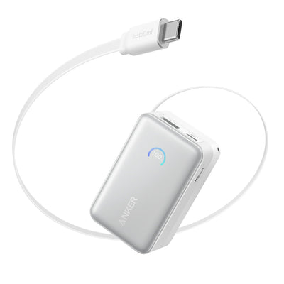 Baterie externa Anker Power Bank Nano A1638, cablu Type-C retractabil, USB-C, USB, 10000mAh, 45W, Smart Display, Alba