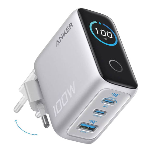 Încărcător Anker B121BG41, Fast Charge, cu Display, 100W, 2x USB-C, USB-A, Argintiu