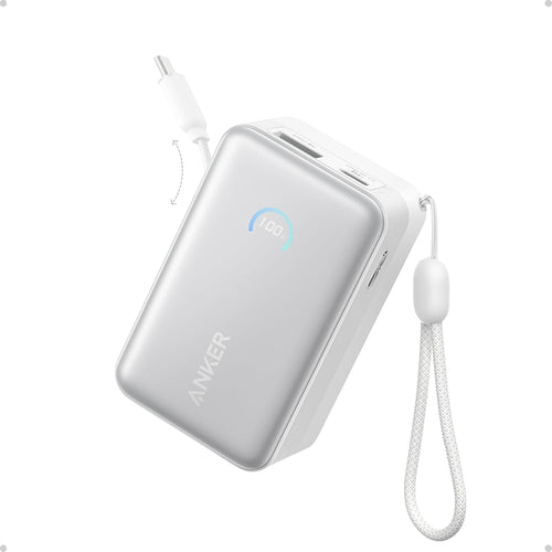 Baterie externa Anker Power Bank Nano A1638, cablu Type-C retractabil, USB-C, USB, 10000mAh, 45W, Smart Display, Alba