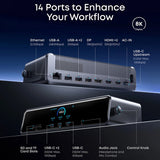 Adaptor Hub pentru laptop Anker Prime 14-in-1, DisplayLink 8K, Triple Display, Fast Charging 140W, Gri