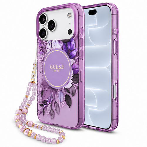 Husă pentru iPhone 17 Pro / iPhone 18 Pro, Guess IML Flowers with Pearl Strap MagSafe, Mov