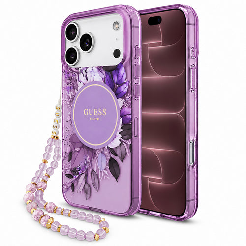 Husă pentru iPhone 17 Pro Max / iPhone 18 Pro Max, Guess IML Flowers with Pearl Strap MagSafe, Mov