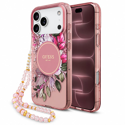 Husă pentru iPhone 17 Pro Max / iPhone 18 Pro Max, Guess IML Flowers with Pearl Strap MagSafe, Roz