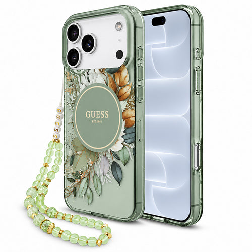 Husă pentru iPhone 17 Pro / iPhone 18 Pro, Guess IML Flowers with Pearl Strap MagSafe, Verde
