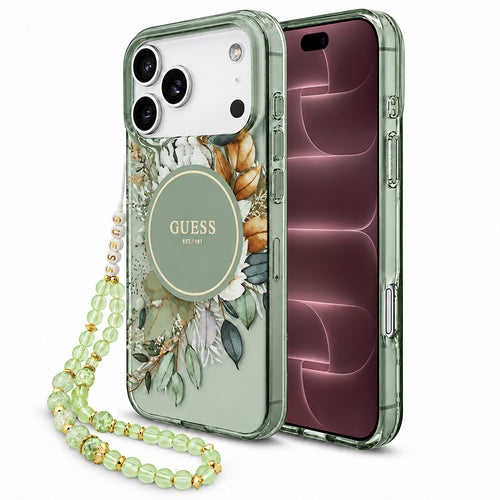 Husă pentru iPhone 17 Pro Max / iPhone 18 Pro Max, Guess IML Flowers with Pearl Strap MagSafe, Verde