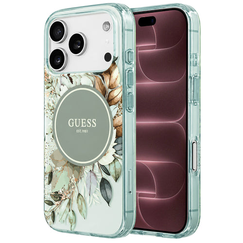 Husă pentru iPhone 17 Pro Max / iPhone 18 Pro Max, Guess IML Flower & Tonal Circle MagSafe, Verde