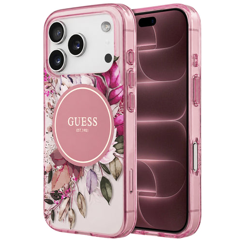 Husă pentru iPhone 17 Pro Max / iPhone 18 Pro Max, Guess IML Flower & Tonal Circle MagSafe, Roz