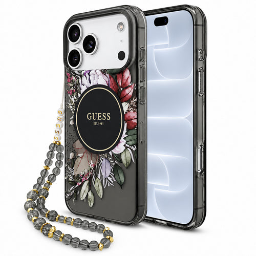 Husă pentru iPhone 17 Pro / iPhone 18 Pro, Guess IML Flowers with Pearl Strap MagSafe, Neagră