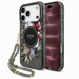 Husă pentru iPhone 17 Pro Max / iPhone 18 Pro Max, Guess IML Flowers with Pearl Strap MagSafe, Neagră