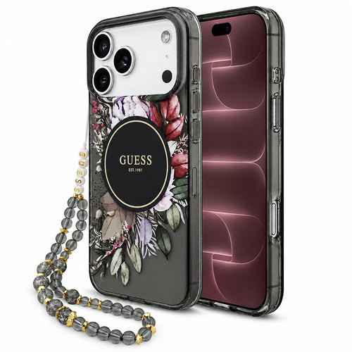 Husă pentru iPhone 17 Pro Max / iPhone 18 Pro Max, Guess IML Flowers with Pearl Strap MagSafe, Neagră
