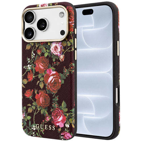 Husă pentru iPhone 17 Pro / iPhone 18 Pro, Guess Blossom Roses Print MagSafe, Bordo