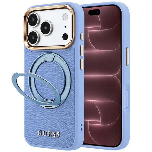 Husă pentru iPhone 17 Pro Max / iPhone 18 Pro Max, Guess Grained Leather Ring Stand 360 Classic Logo MagSafe, Albastru deschis