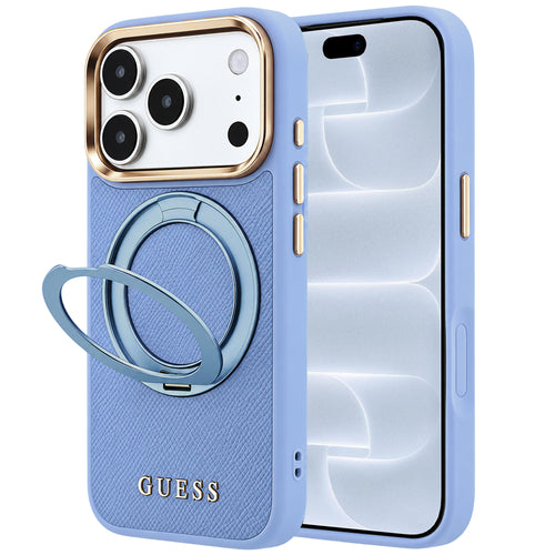 Husă pentru iPhone 17 Pro / iPhone 18 Pro, Guess Grained Leather Ring Stand 360 Classic Logo MagSafe, Albastru deschis