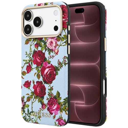 Husă pentru iPhone 17 Pro Max / iPhone 18 Pro Max, Guess Blossom Roses Print MagSafe, Albastru deschis