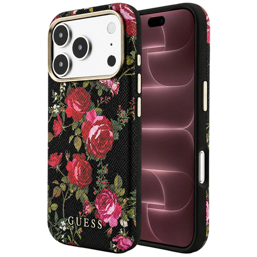 Husă pentru iPhone 17 Pro Max / iPhone 18 Pro Max, Guess Blossom Roses Print MagSafe, Neagră