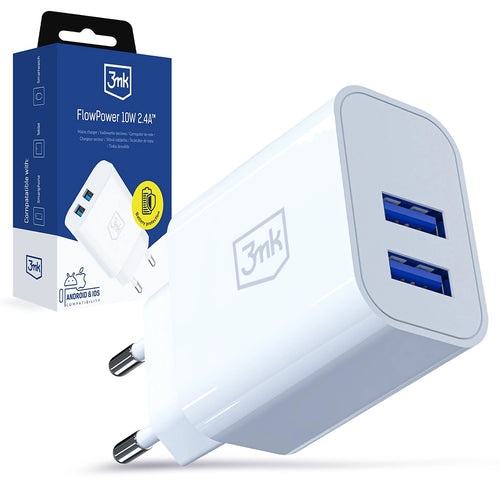 Încărcător 3mk FlowPower, 2x USB, 10W, 2.4A, Design ultra-compact, Standard V0, Alb