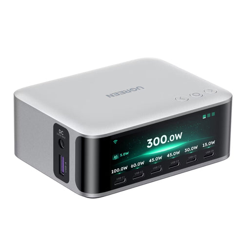 Stație de încărcare Ugreen Nexode Pro X783, 6x USB-C, USB, DC, 300W, GaN, Smart Display, App Remote Control, Gri