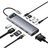 Hub USB Baseus Hub Metal Gleam (B00030709811-00), Type-C to HDMI 4K@60Hz, VGA, 4x USB, Type-C, RJ45, SD, TF, 3.5mm, gri