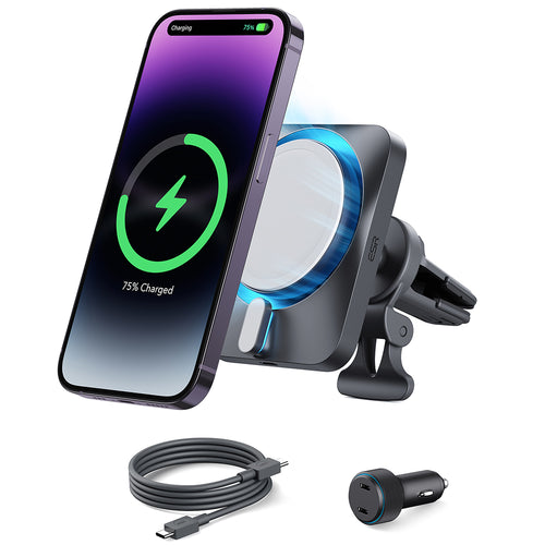 Suport auto cu incarcare wireless ESR cu Incarcator wireless CryoBoost (2B513), cu Cable, Incarcator auto, MagSafe, Apple MFi, argintiu