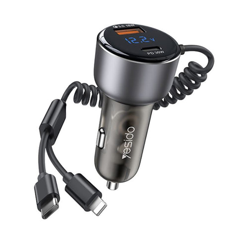 Incarcator auto Yesido Incarcator auto (Y58), USB, Type-C, cu Cable Lightning, Type-C, Incarcare rapida, 60W, 120cm, gri