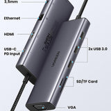 Hub USB UGREEN Docking station CM498 (15601), USB-C to Type-C, 3x USB, HDMI, RJ45, Jack 3.5mm, VGA, TF, SD Card, gri
