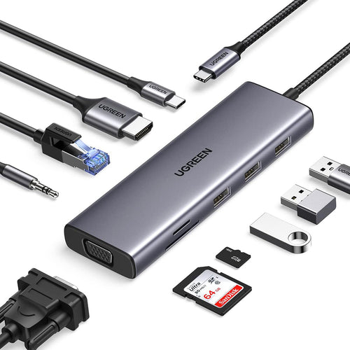 Hub USB UGREEN Docking station CM498 (15601), USB-C to Type-C, 3x USB, HDMI, RJ45, Jack 3.5mm, VGA, TF, SD Card, gri
