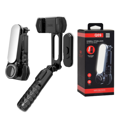 Gimbal Techsuit Gimbal Mini Selfie stick (Q09), Trepied stabilizator cu LED Light si Bluetooth Telecomanda, 70cm, negru
