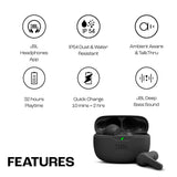 Casti wireless JBL (Wave Beam), TWS, Microfon, Deep Bas Sunet, IP54, negru