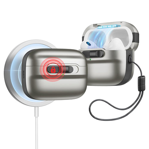 Husa casti pentru AirPods Pro 1/2, ESR, Pulse Magnetic Halolock Titanium, gri
