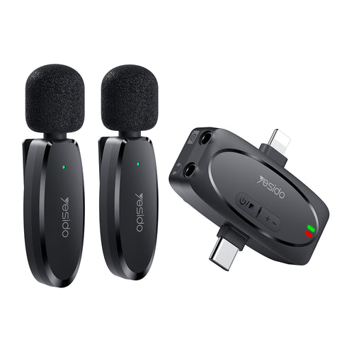 Microfon Yesido (2 pack) Wireless Lavalier Microphones (KR15), 3 in 1 Receiver, TC, Lighting, 3.5mm Jack, 2.4GHz, negru