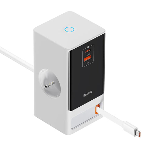Statie de incarcare Baseus Extension Cord PowerCombo (PSLR000602), USB, 2xType-C, Shuko, 65W, alb