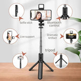 Selfie stick Techsuit Mini (S03-S), Stable & Compact Tripod Mount, Bluetooth Telecomanda, LED Light, 67cm, negru