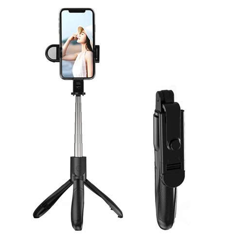 Selfie stick Techsuit (S01-S), Compact Tripod Mount cu Bluetooth Telecomanda, LED Fill Light, Pliabil, 70cm, negru