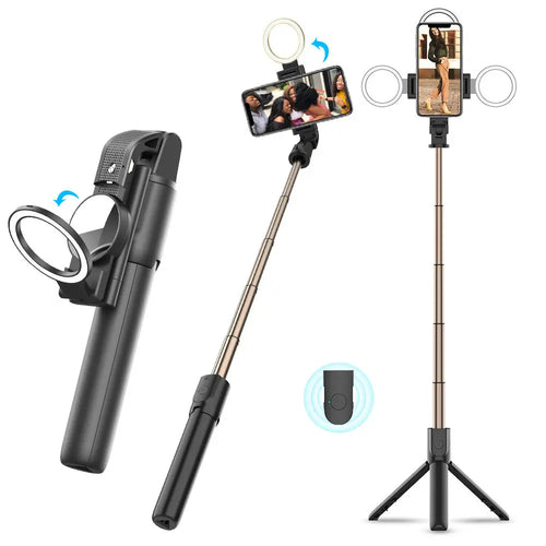 Selfie stick Techsuit (K13), Compact Tripod Mount cu Bluetooth Telecomanda, LED Beauty Light, Pliabil, 84cm, negru