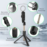 Selfie stick Techsuit (K13), Compact Tripod Mount cu Bluetooth Telecomanda, LED Beauty Light, Pliabil, 84cm, negru