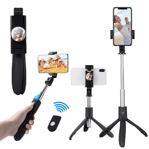 Selfie stick Techsuit (K06), Stable Tripod cu Bluetooth Telecomanda, Pliabil, 360 Rotation, 70cm, negru