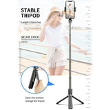 Selfie stick Techsuit (L08), Stable Gimbal/Tripod cu Bluetooth Telecomanda, 360 Rotation, 86cm, negru