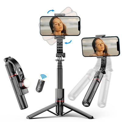 Selfie stick Techsuit (L19s), Stable Gimbal/Tripod cu Bluetooth Telecomanda, Fill Light, 360 Rotation, 70cm, negru