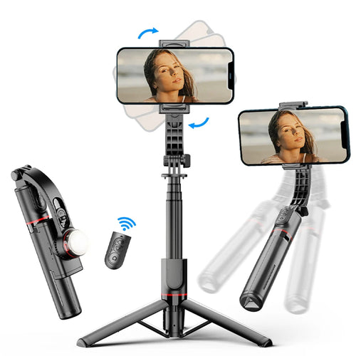 Selfie stick Techsuit (L19s), Stable Gimbal/Tripod cu Bluetooth Telecomanda, Fill Light, 360 Rotation, 70cm, negru